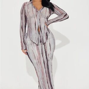 Pre-Loved Striped Two-Piece Button-Up Top and Maxi Skirt Set - Neutral Stripes